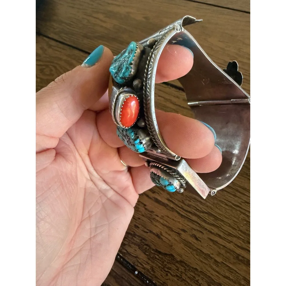 Vintage Navajo Sterling Silver Turquoise CoralClaw Watch Cuff Bracelet signed